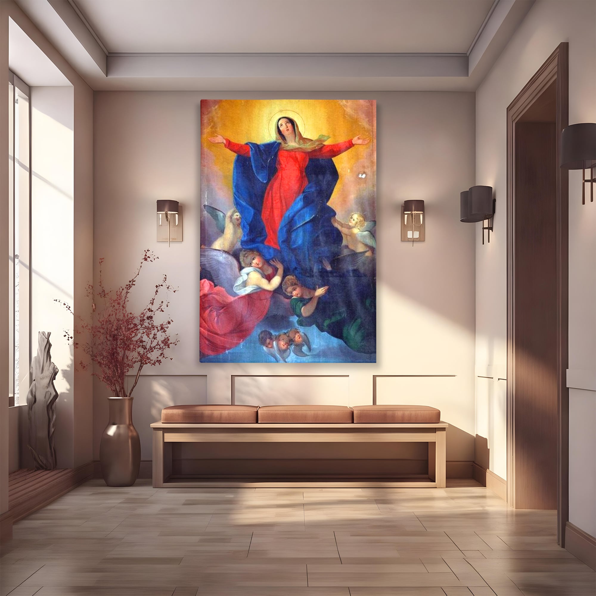 Tablou canvas cu tablou canvas cu fecioara si ingeri, fara rama, pe sasiu de lemn